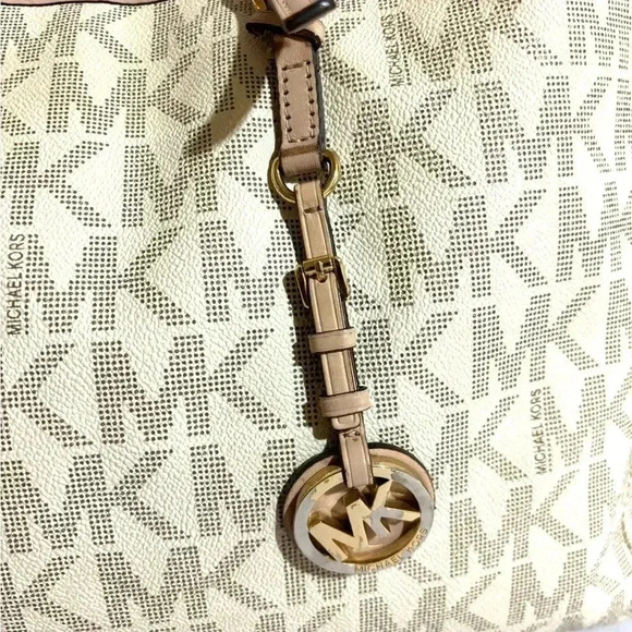 Michael Kors beige gray MK signature print canvas shoulder handbag - Picture 5 of 11